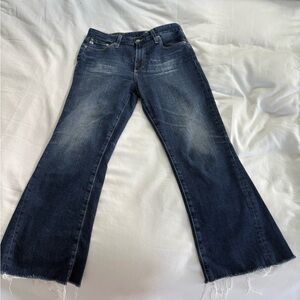 AG Adriano Goldschmied Dark Blue wash Quinne hi-rise cropped kick flare Jeans.
